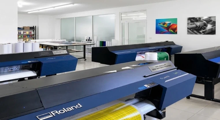 Row of Roland wide-format print-and-cut machines in Viking Signrite's bright print studio