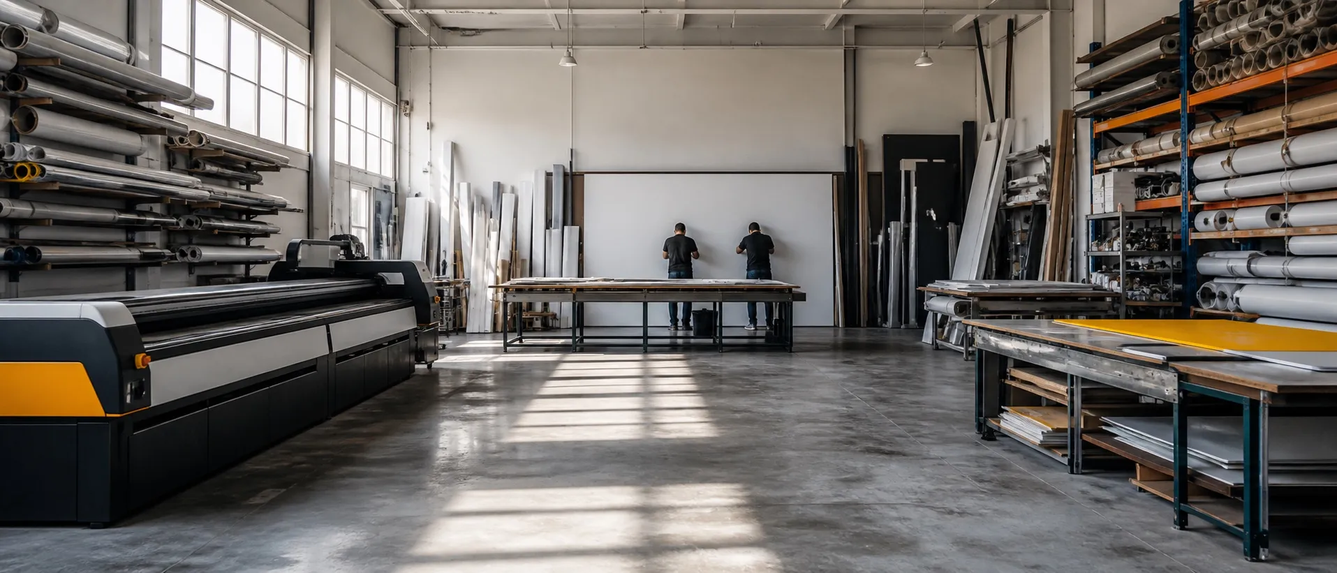 Wide sign workshop with two distant figures working on a blank panel