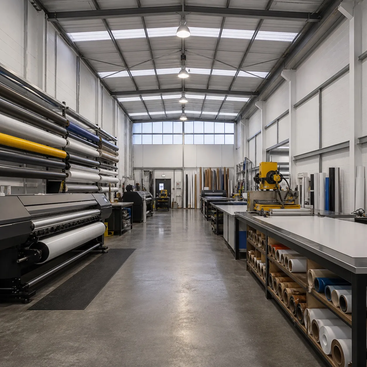Organised sign workshop with a large-format printer, fabrication benches and racked media rolls