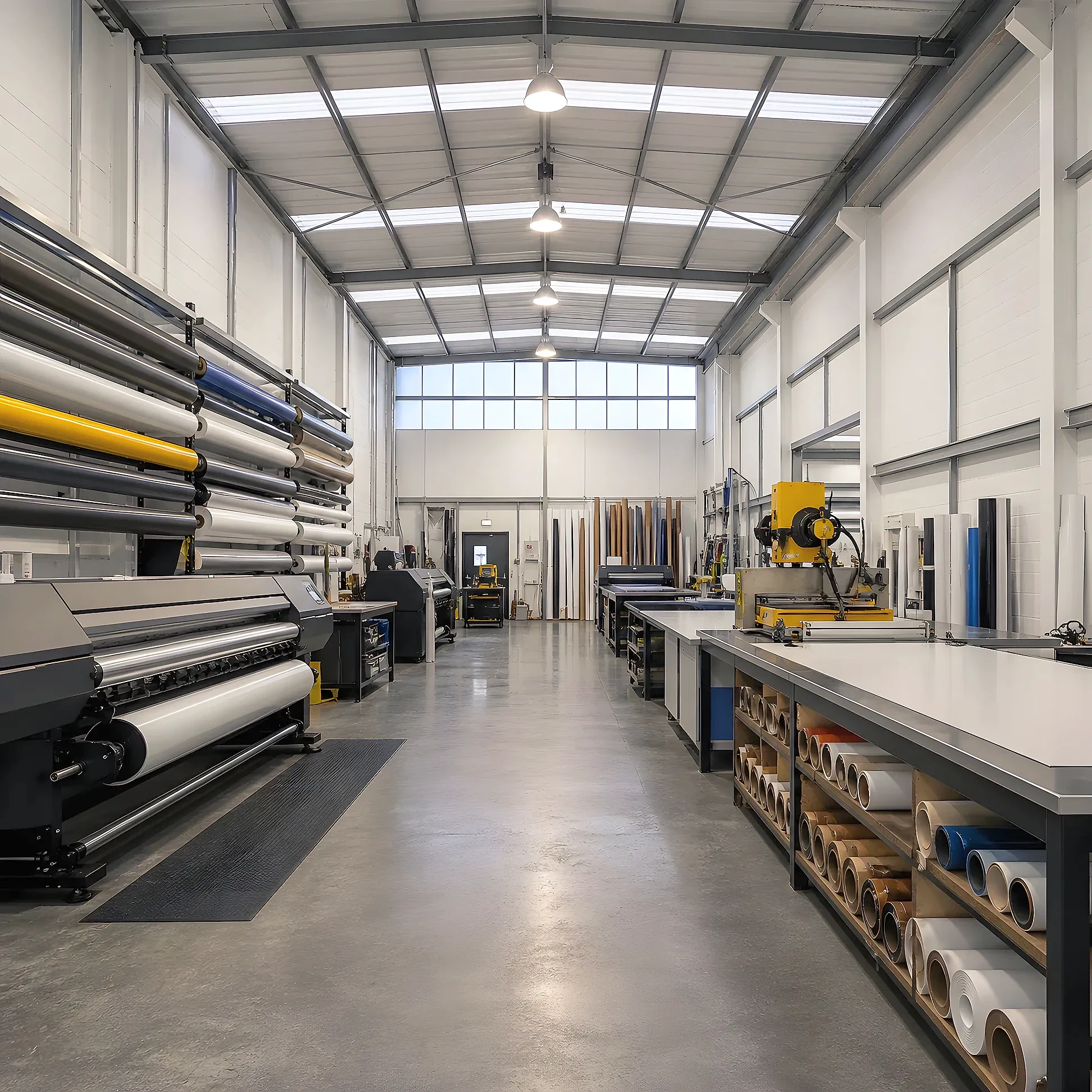 Organised sign workshop with a large-format printer, fabrication benches and racked media rolls