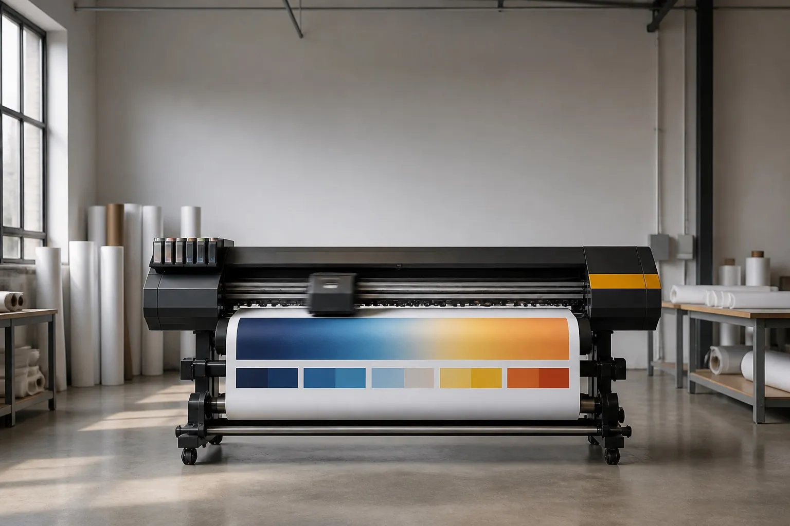 Wide-format printer producing an abstract blue and yellow colour field in a clean workshop
