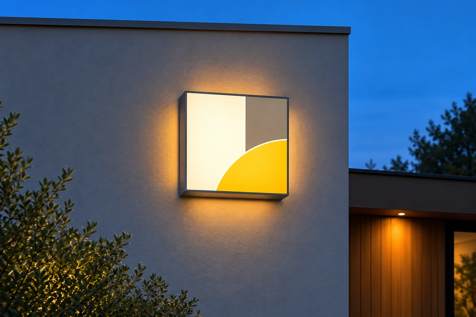 Abstract face-lit and halo-lit geometric sign forms glowing against a plain wall at blue hour