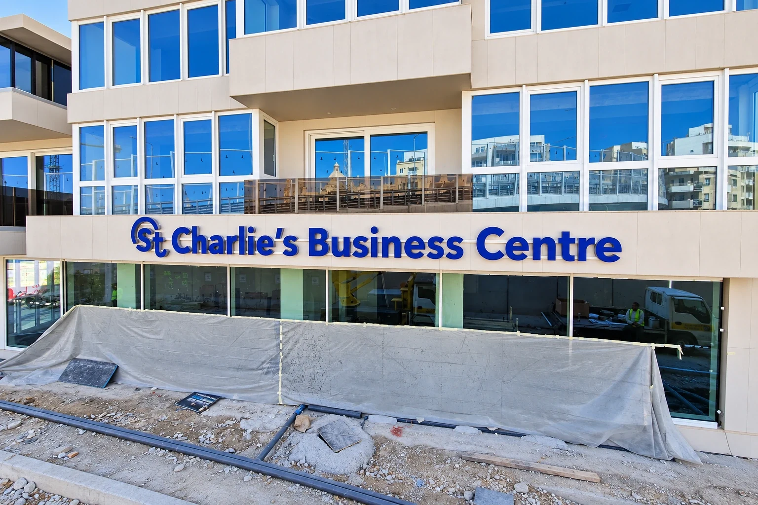 Blue built-up lettering and logo along the stone fascia of a modern glazed business centre