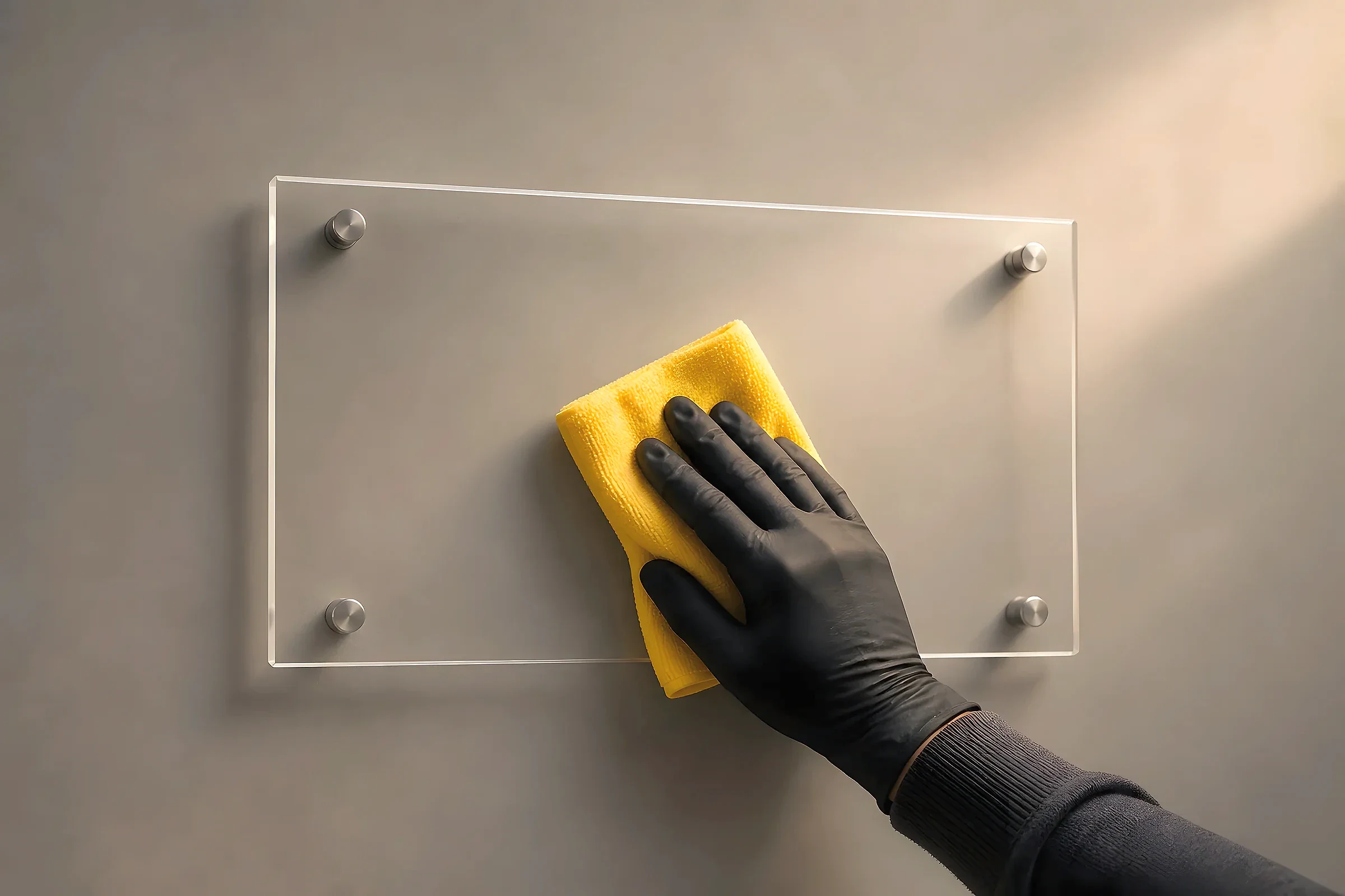 Black-gloved hand wiping a blank clear acrylic panel with a yellow microfibre cloth