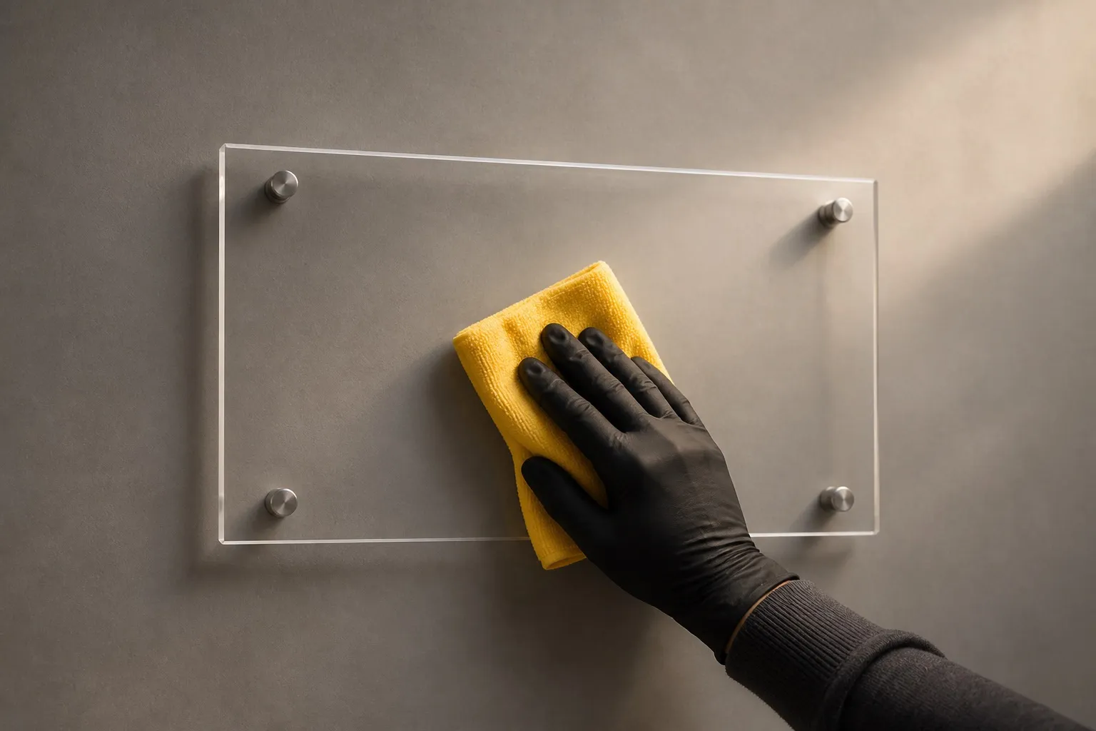 Black-gloved hand wiping a blank clear acrylic panel with a yellow microfibre cloth