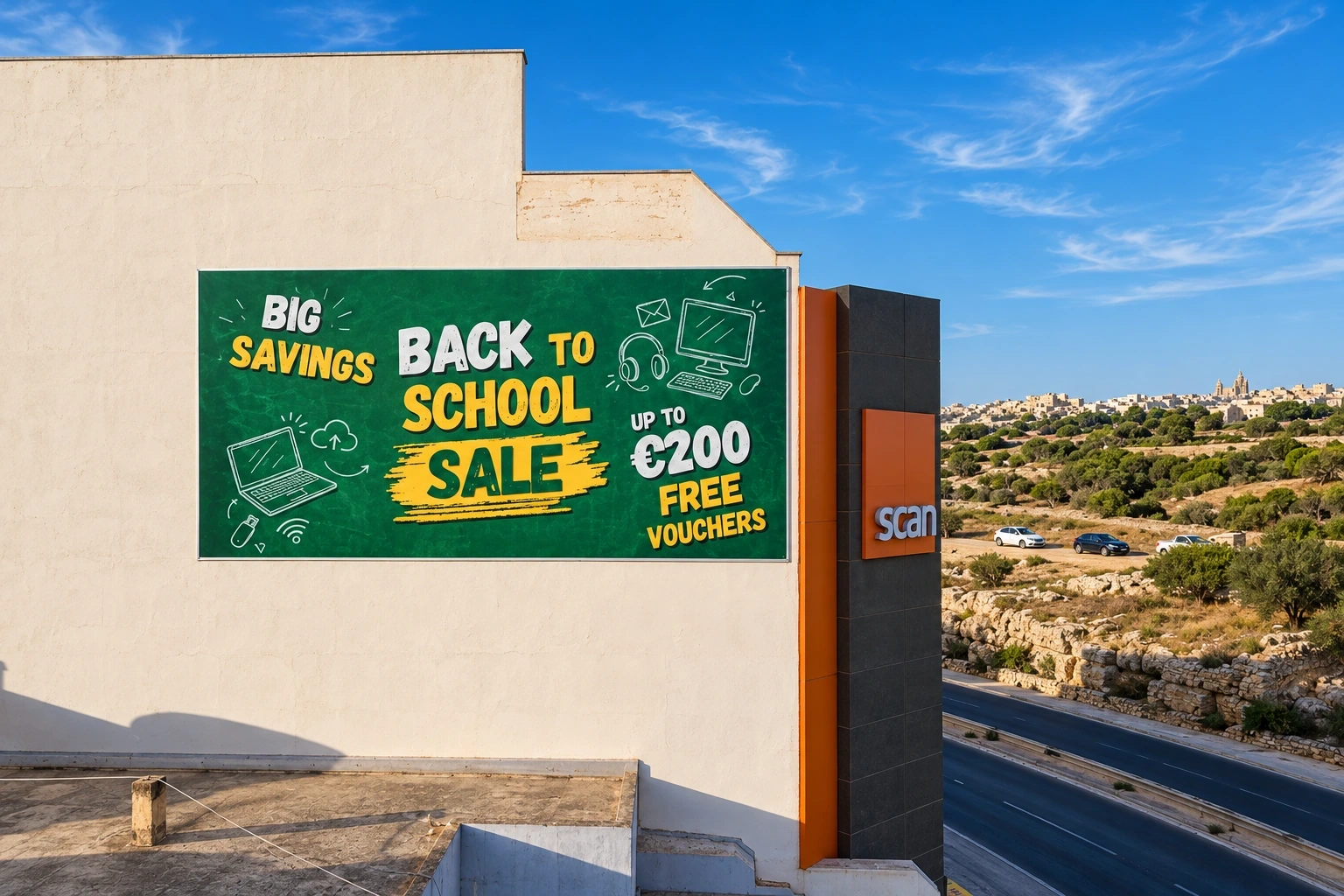 Green Back to School Sale banner with chalkboard-style graphics fixed to the upper wall of a retail building