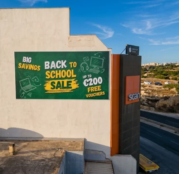 Green Back to School Sale banner with chalkboard-style graphics fixed to the upper wall of a retail building