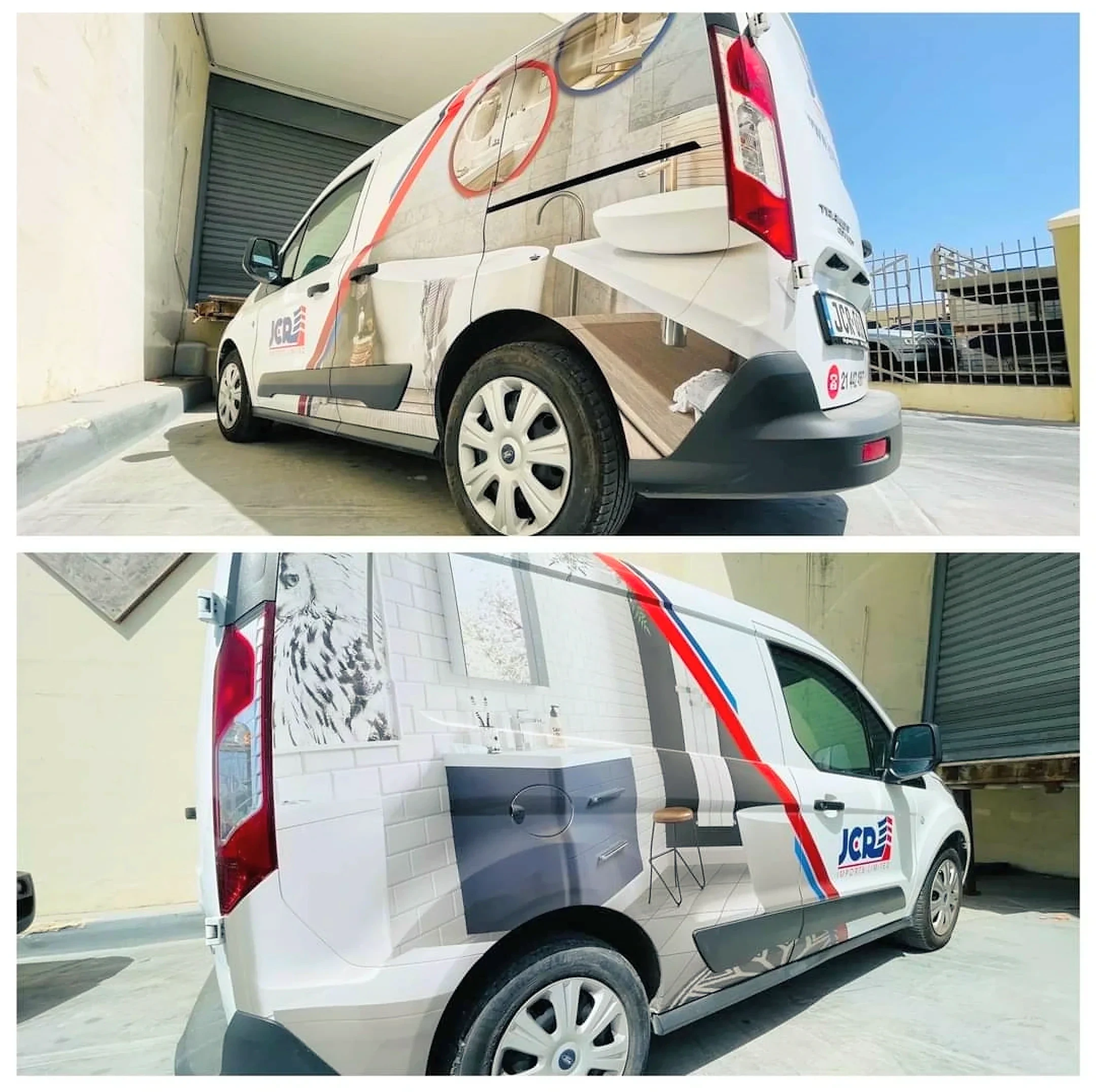 Two views of a white compact van wrapped in bathroom interior photography