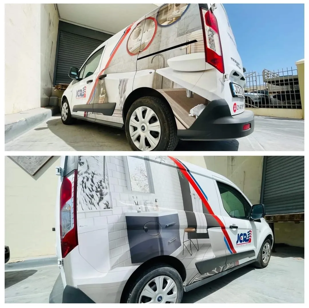 Two views of a white compact van wrapped in bathroom interior photography