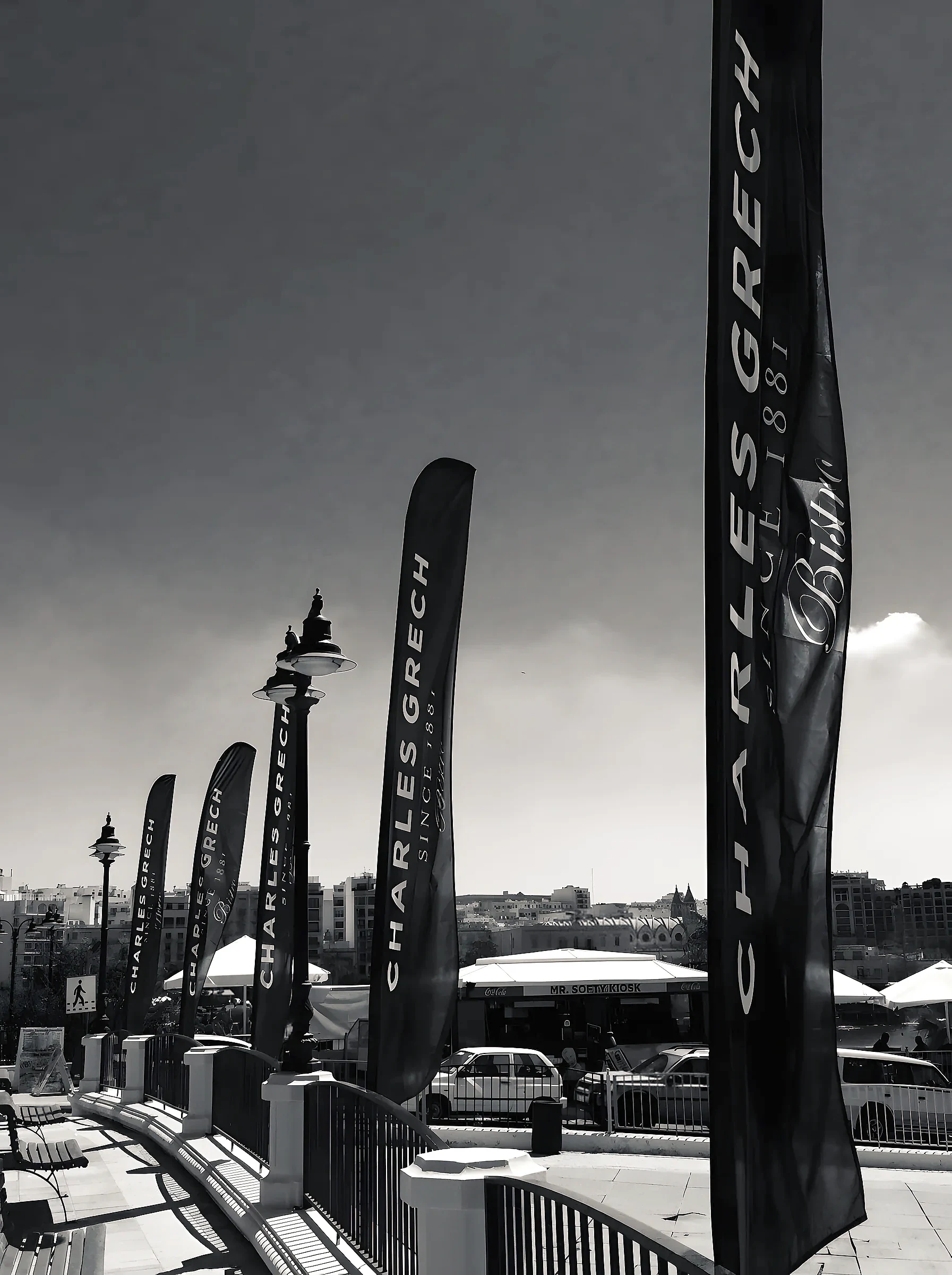 Row of dark feather flags along a promenade railing, photographed in black and white