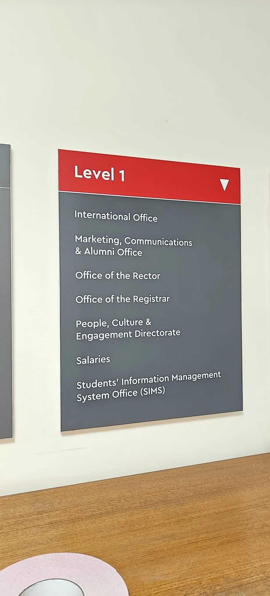 Grey wall directory panel with a red header reading Level 1 above a list of offices