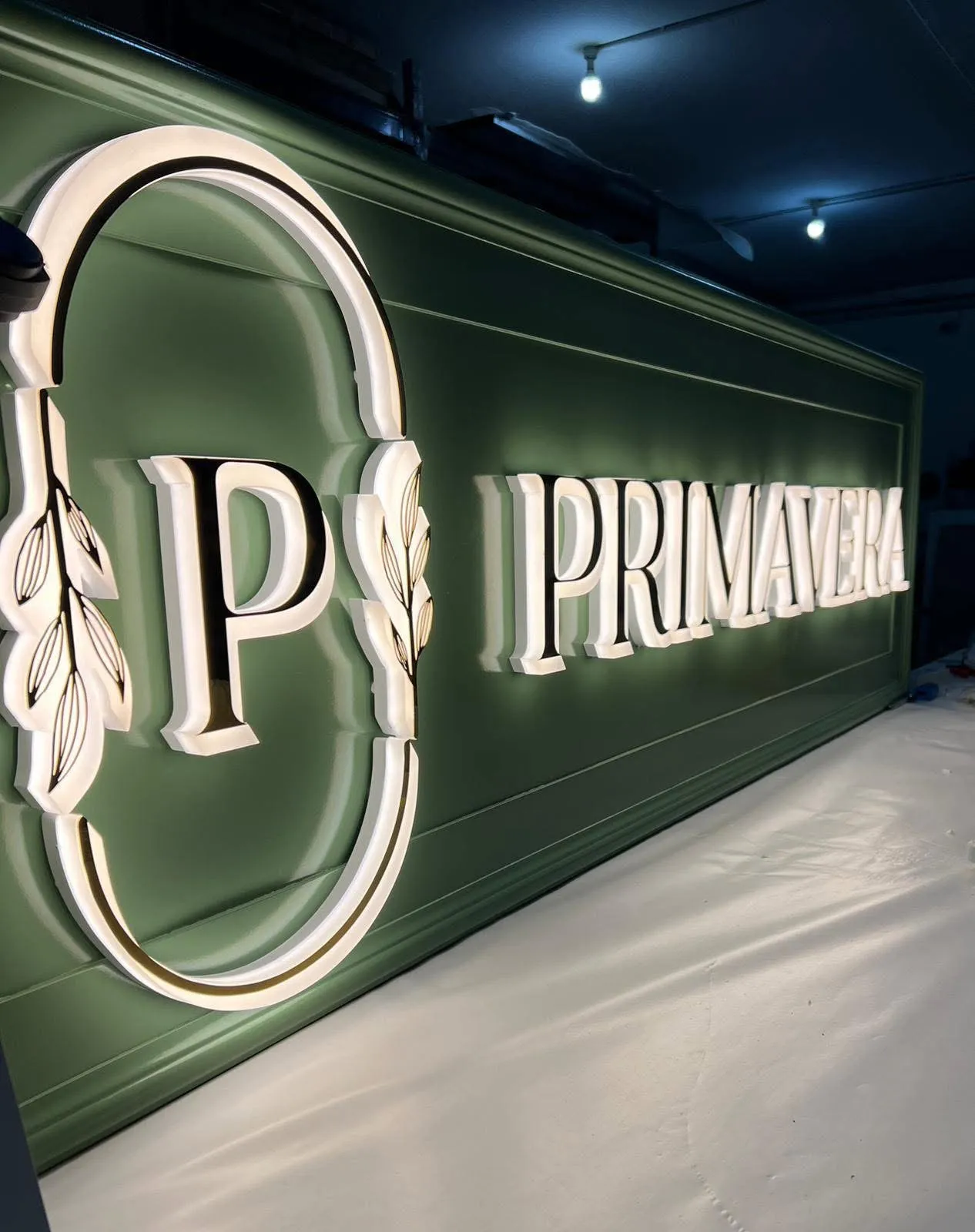 Long dark green panel carrying a large oval device, a serif monogram and raised lettering, all halo-lit so light spills onto the green behind