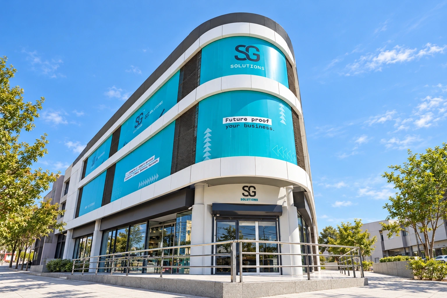 Curved multi-storey office building with turquoise branded graphics printed across its glazing, with an entrance sign below