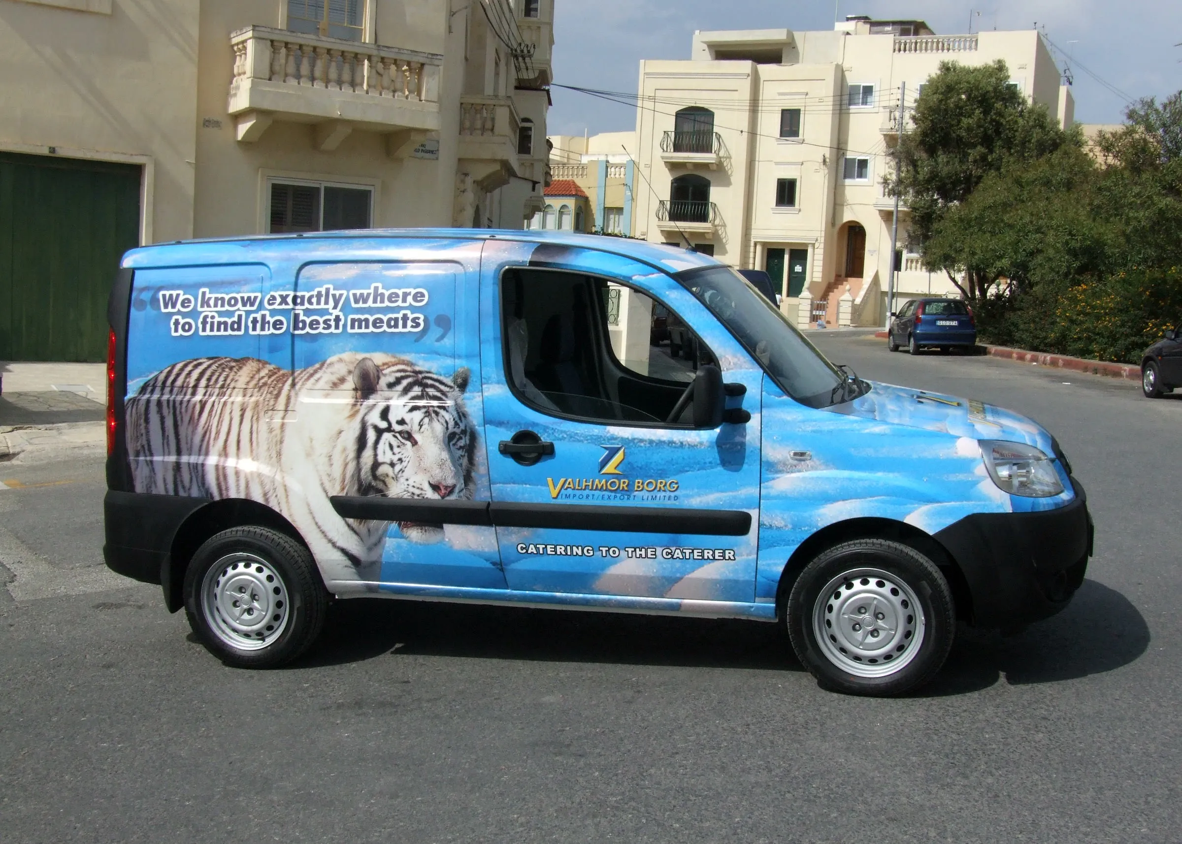 Blue commercial van with a full photographic wrap parked on a residential street