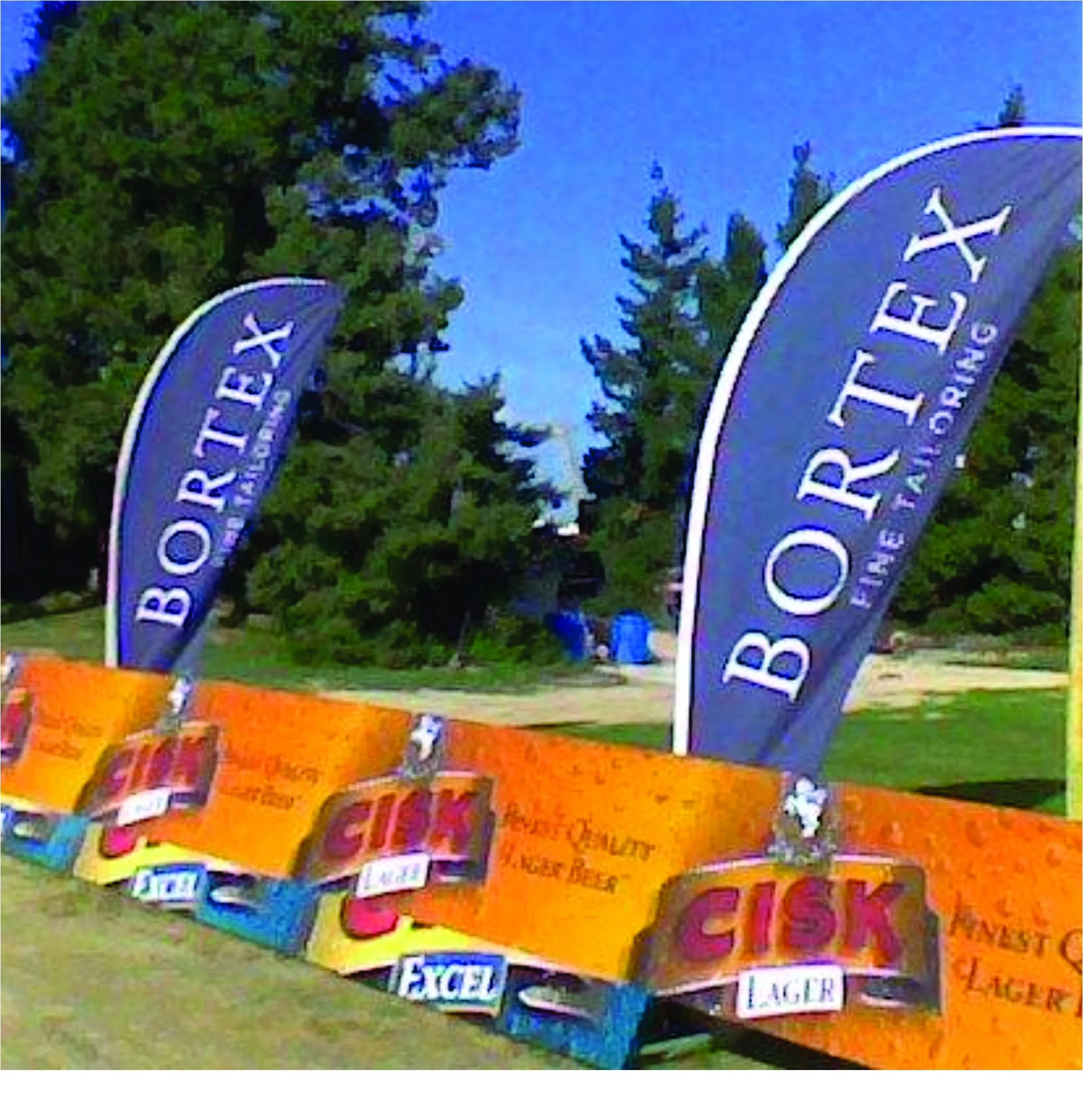 Two blue and white printed feather flags on a grass verge above a row of printed panels
