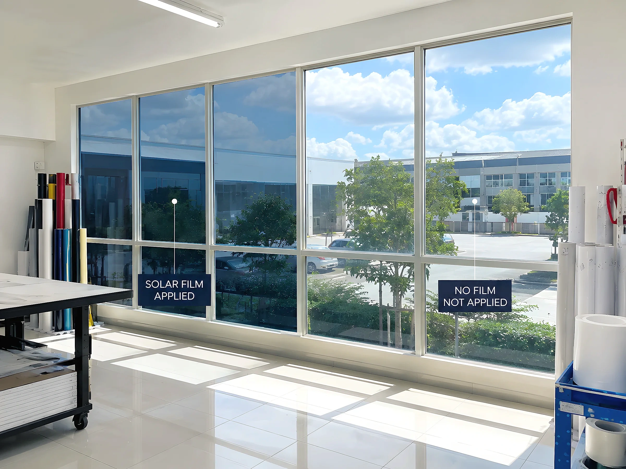 A showroom window wall where the left-hand panes carry solar film and the right-hand panes do not, each side labelled, with the untreated glass letting noticeably more light and sky through