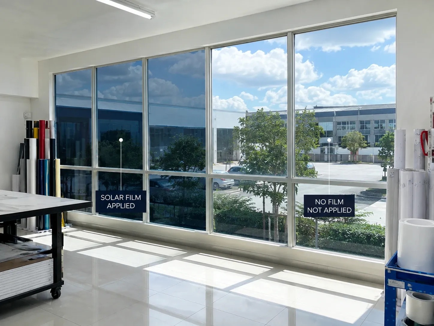 Office window wall with solar film applied to the left panes and untreated panes to the right, each labelled