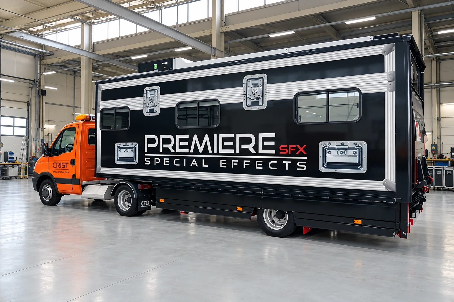 Black and silver wrapped production truck with large white lettering along its box body, inside a workshop