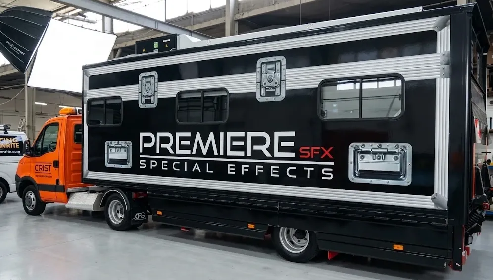 Black and silver wrapped production truck with large white lettering along its box body, inside a workshop
