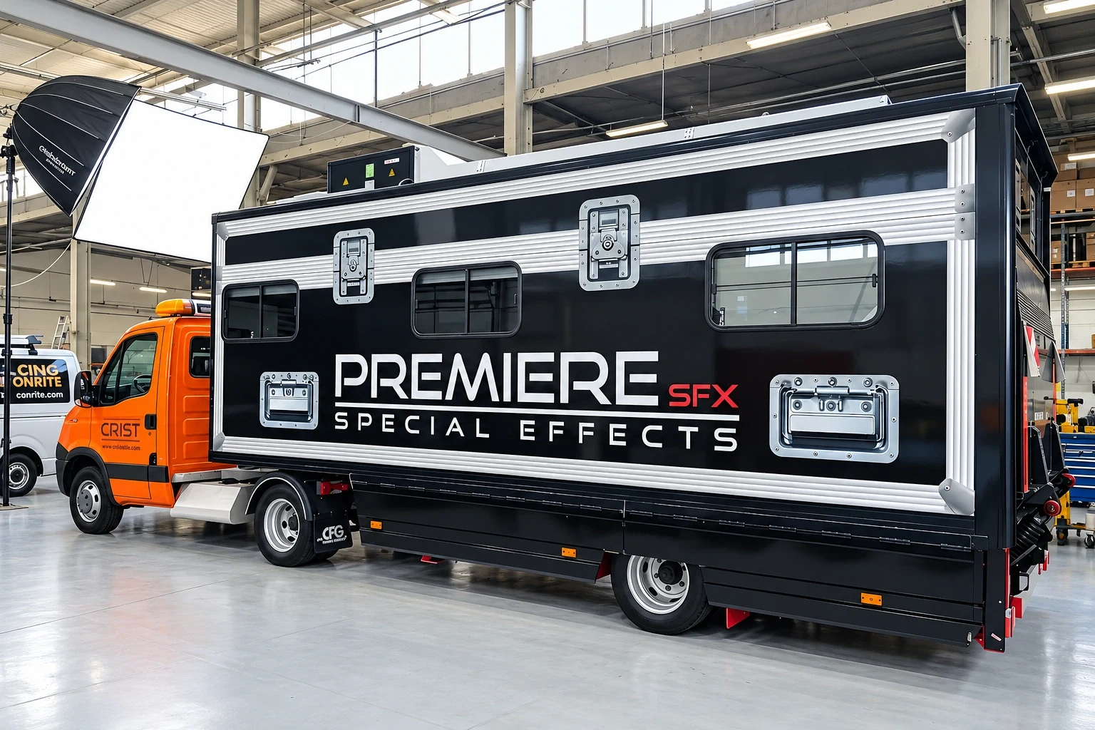 Black and silver wrapped production truck with large white lettering along its box body, inside a workshop