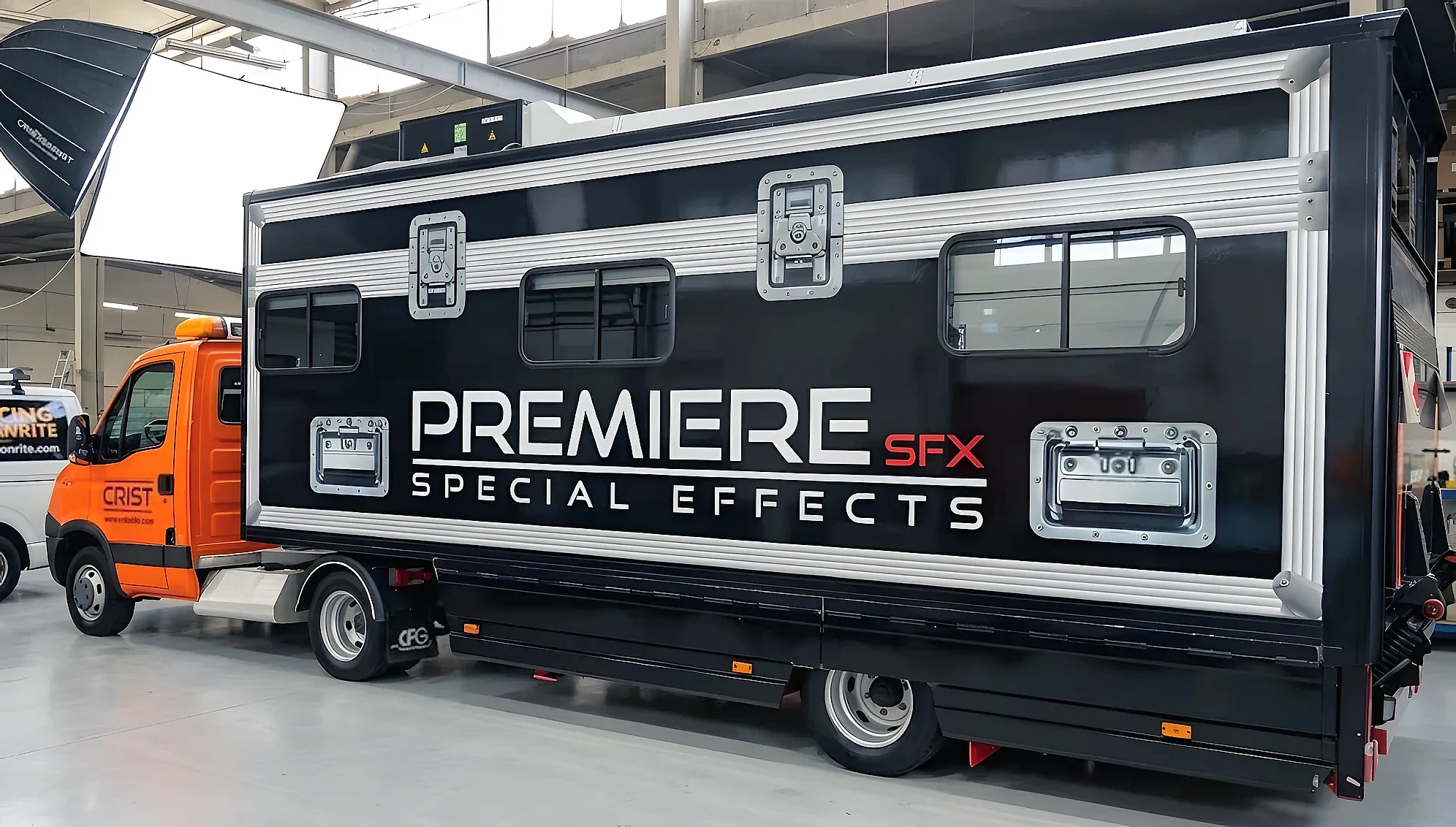Black and silver wrapped production truck with large white lettering along its box body, inside a workshop