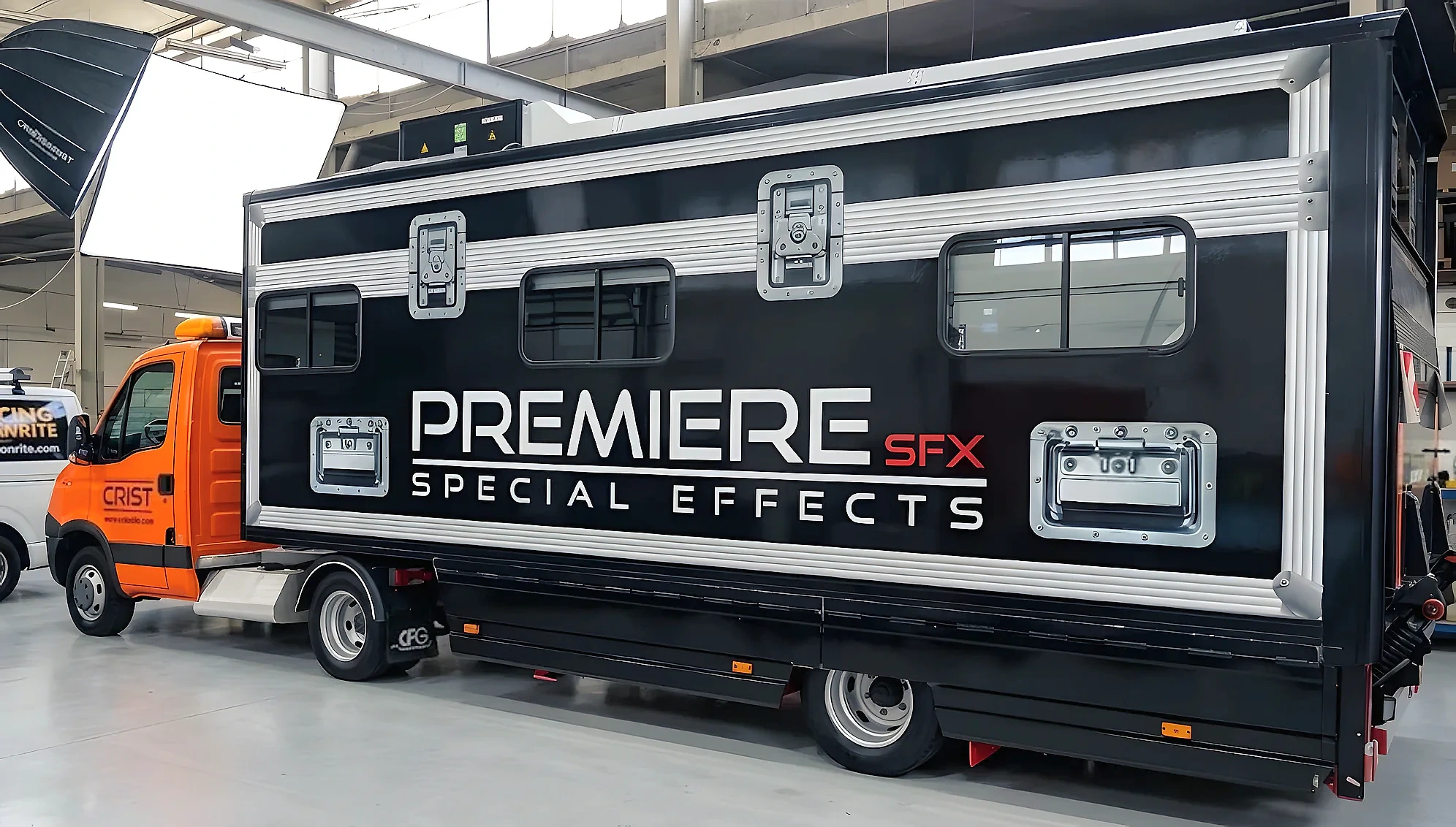 Black and silver wrapped production truck with large white lettering along its box body, inside a workshop