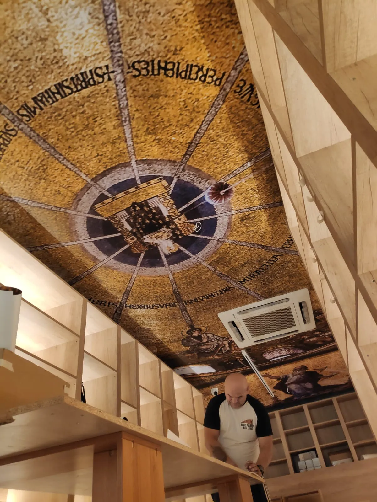 Barrel-vaulted ceiling carrying a large printed reproduction of a historic fresco, with figures, a central roundel and a band of lettering, above timber-lined shelving