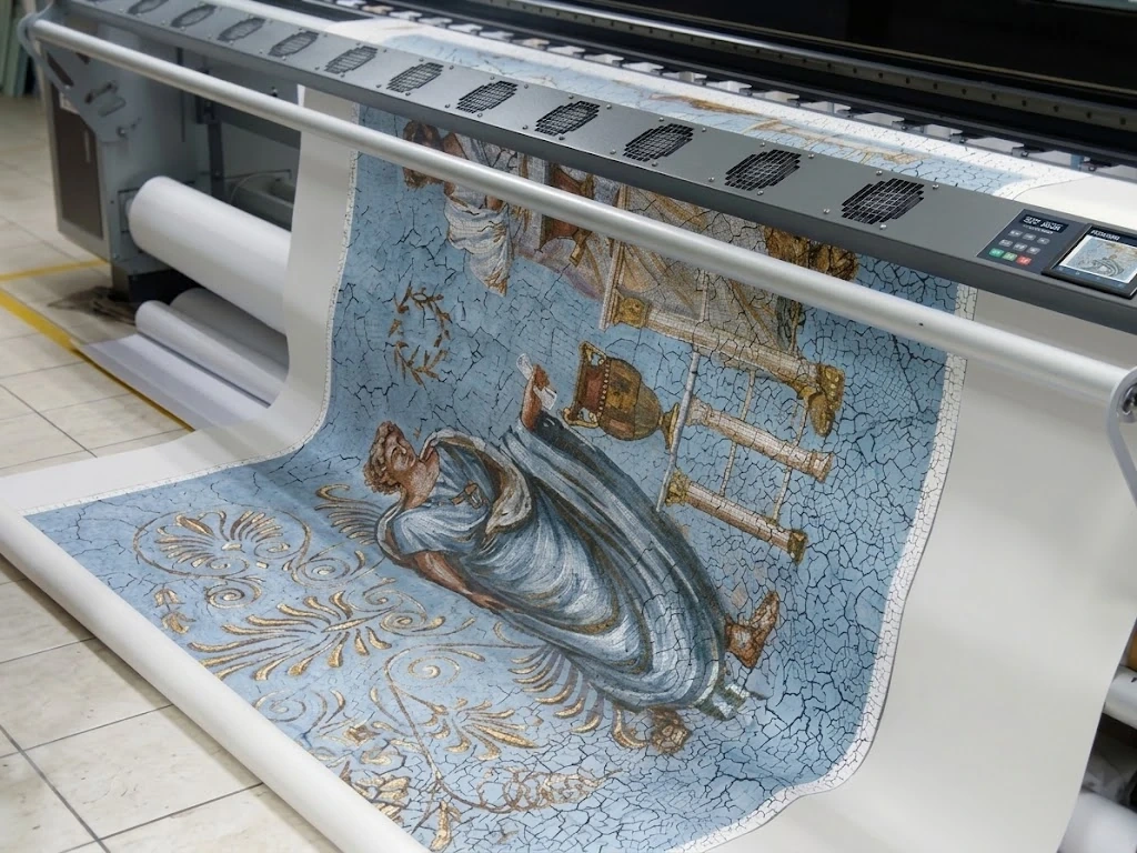 Wide-format printer running out a large print of an aged classical mosaic with a robed figure and columns