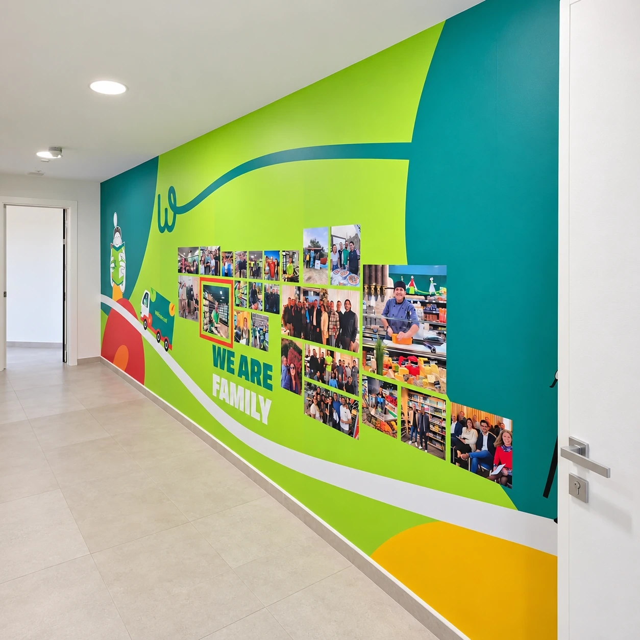 Green corridor wall graphic combining flowing brand shapes with a printed photo collage