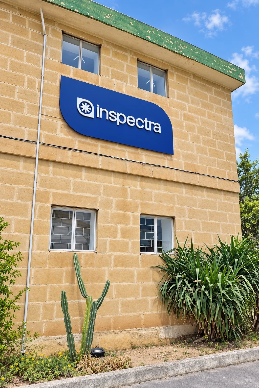 Blue shaped fascia sign mounted high on a limestone building above two windows