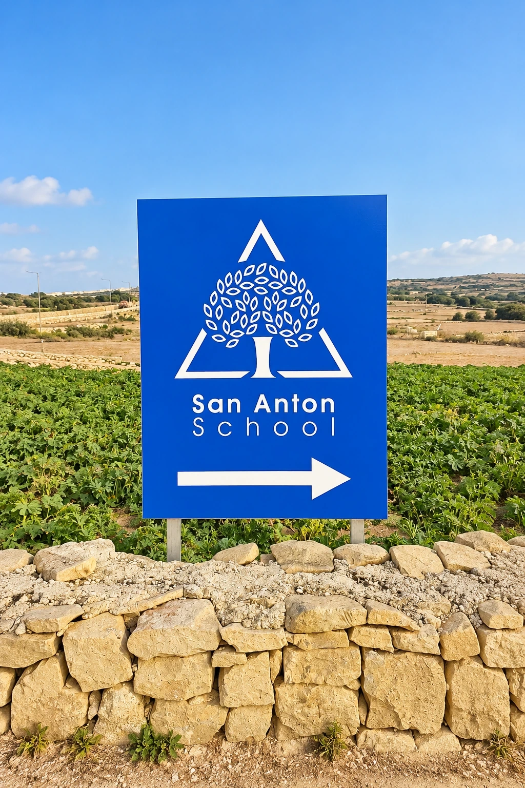 Blue directional sign with a white tree emblem and an arrow, set on a rubble wall beside fields