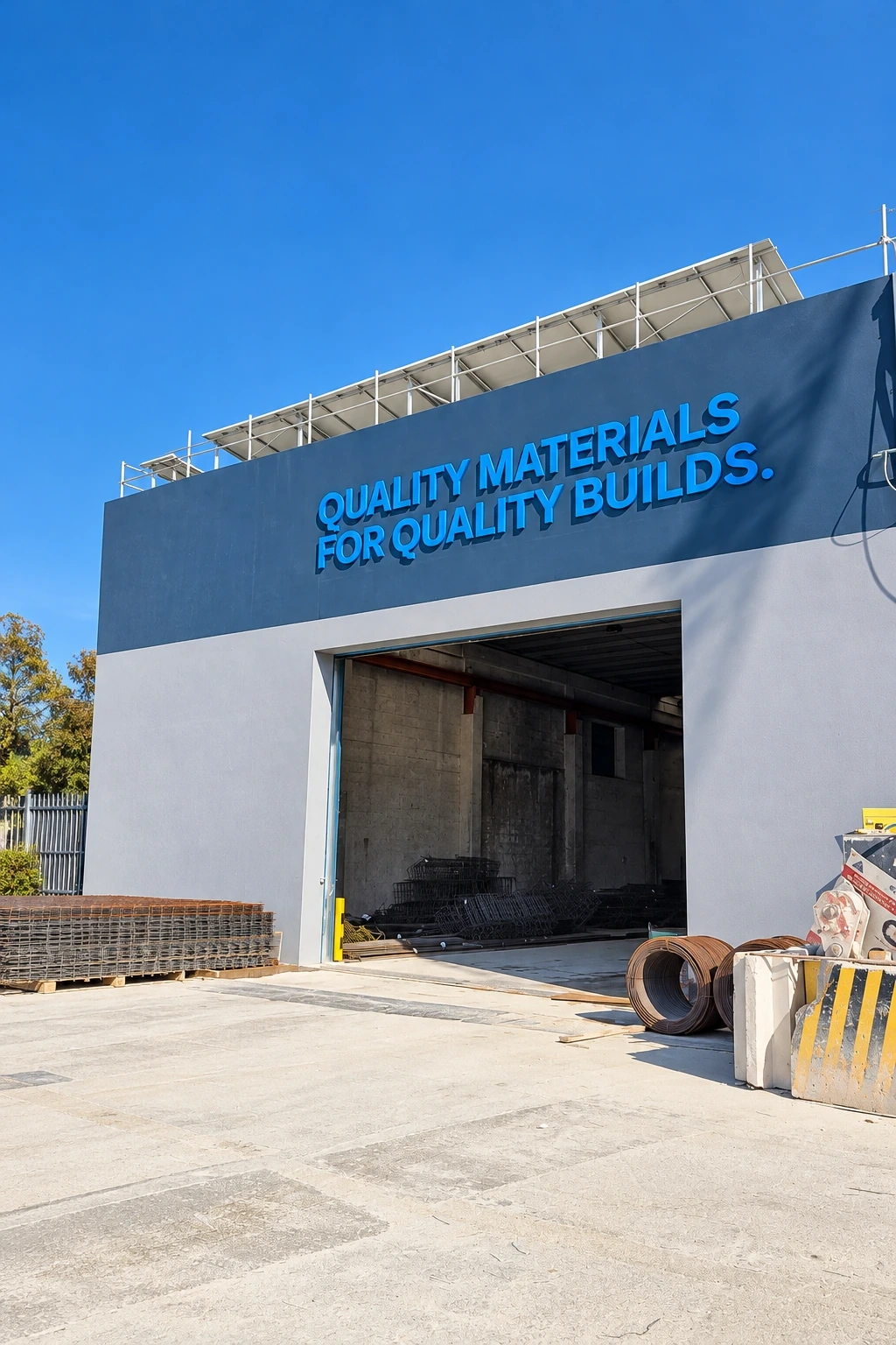 Blue built-up lettering reading quality materials for quality builds across an industrial facade