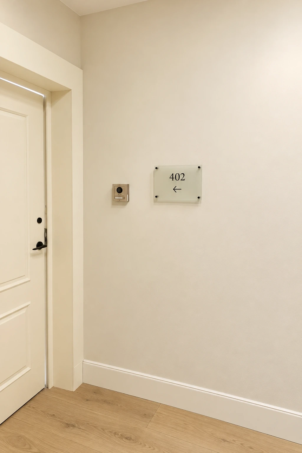 Small acrylic room number plate with an arrow, fixed to a corridor wall on standoffs