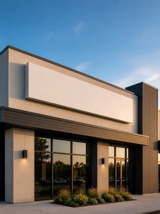 Contemporary commercial facade with a blank dimensional sign band at late afternoon