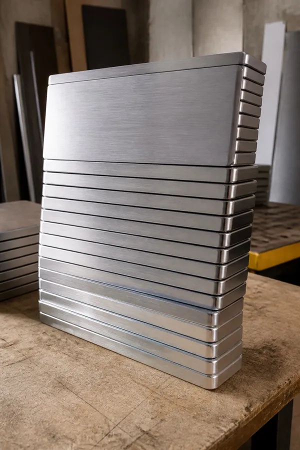Stack of brushed aluminium sign blanks on a worn fabrication bench