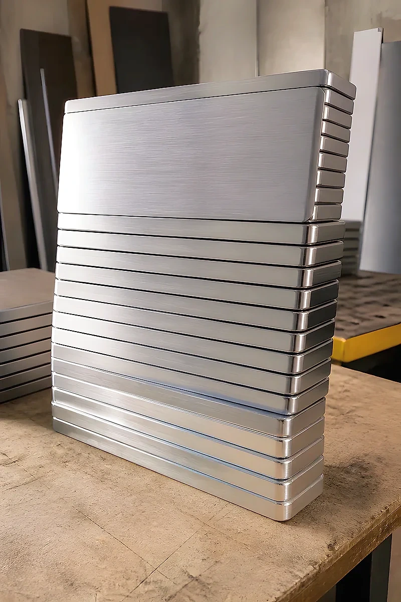 A stack of cut panel blanks standing against a workshop bench.