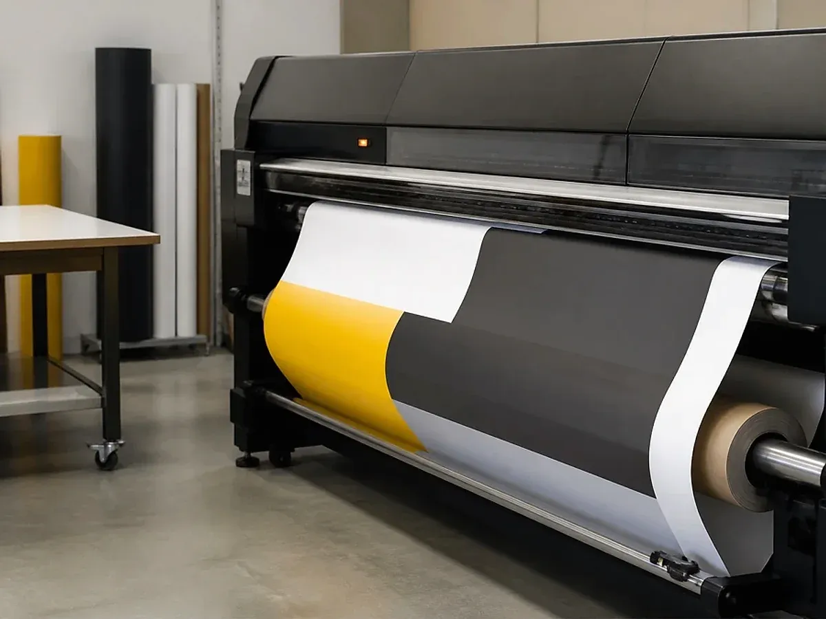 A wide-format printer running a grey and yellow graphic onto roll media.