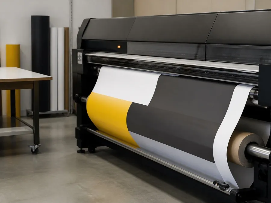 Wide-format printer feeding an abstract black, white and yellow print onto a take-up roll