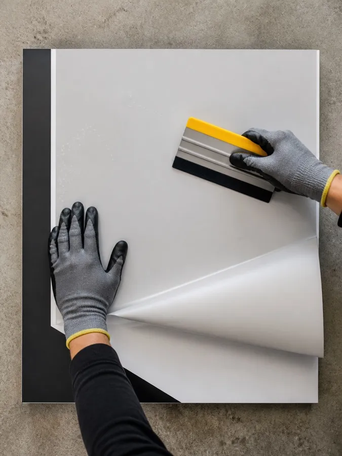 Gloved hands smoothing plain vinyl onto a flat panel with a squeegee