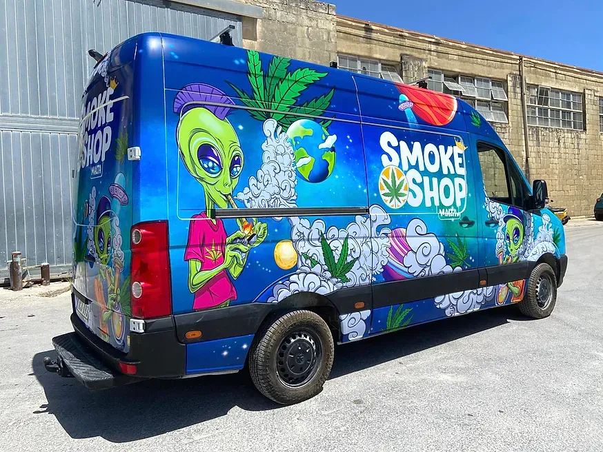 High-roof van wrapped in an illustrated blue design with cartoon characters and foliage