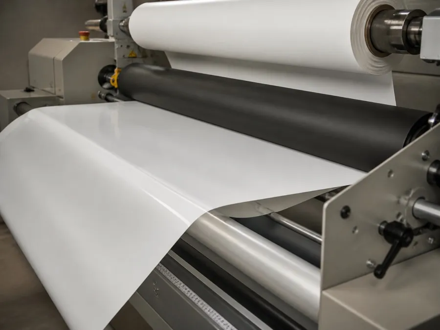 Roll laminator feeding plain white material through black and metal rollers