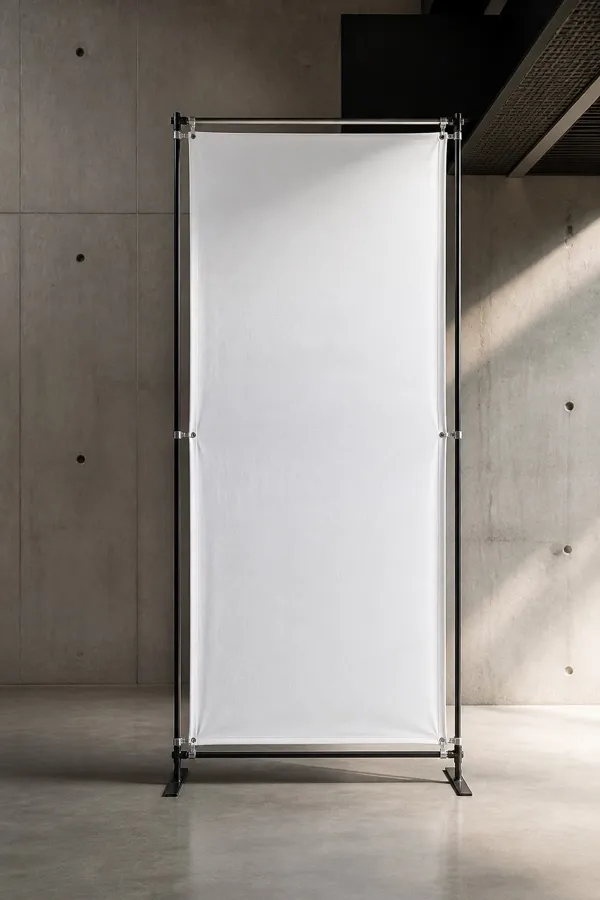 Plain white fabric banner held taut in a frame against a concrete wall