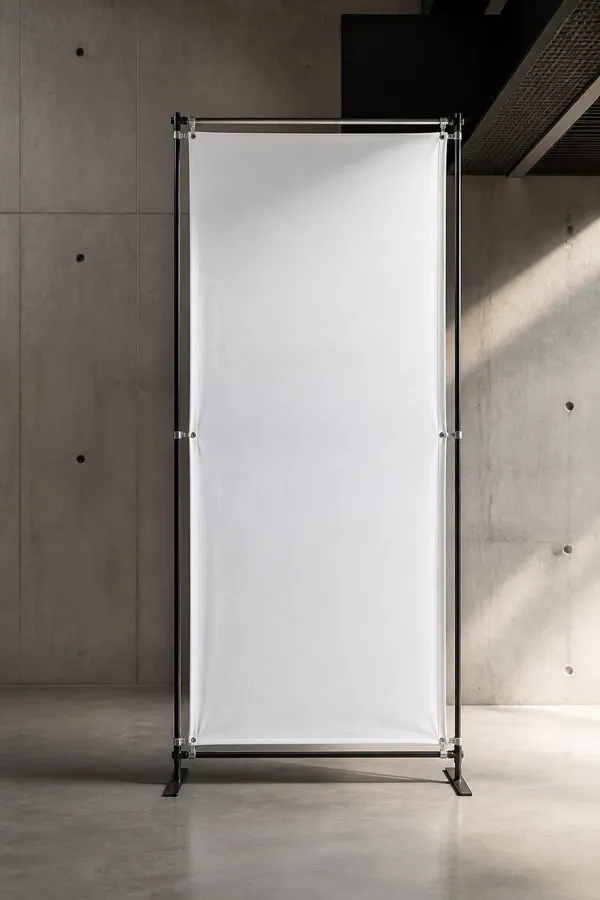 A printed banner held taut in a free-standing tension frame.