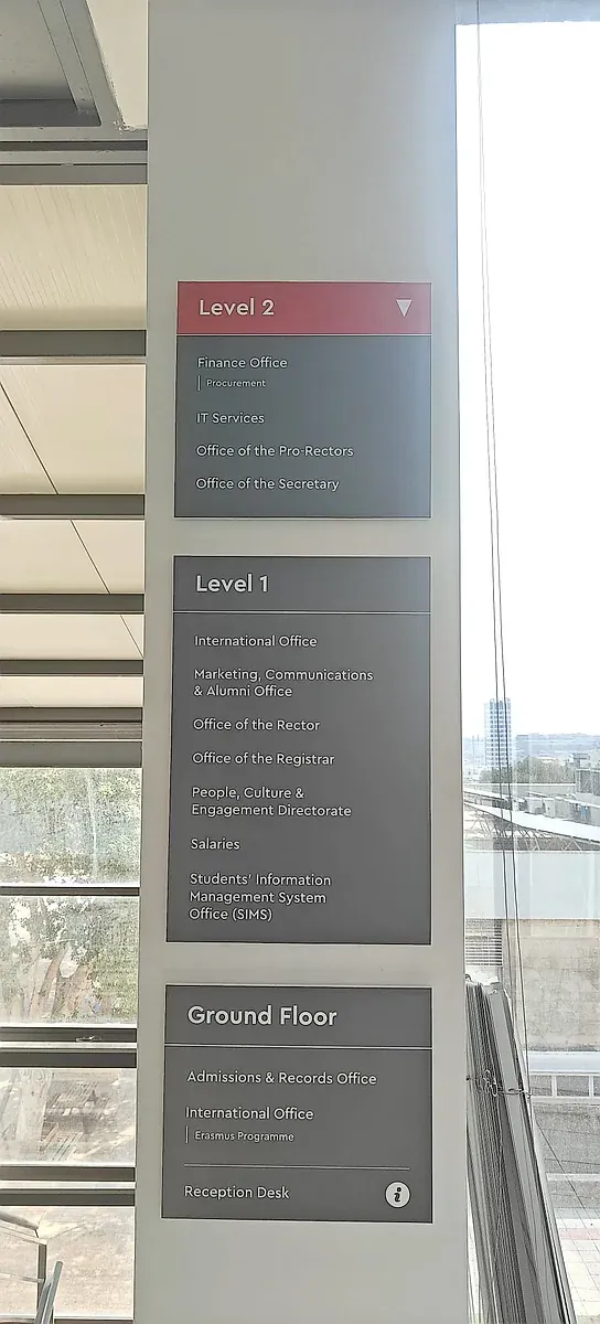 Three stacked directory panels listing the offices on each floor beside a glazed stairwell