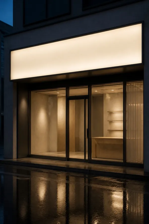 Blank illuminated shopfront fascia reflected in wet pavement at blue hour