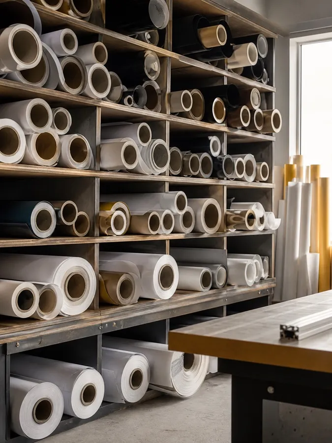 Rows of unlabelled media rolls racked in an organised workshop
