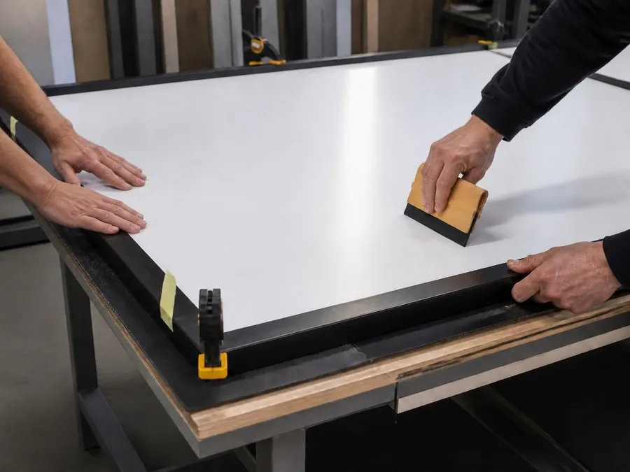Two pairs of hands finishing a blank sign panel on a fabrication bench
