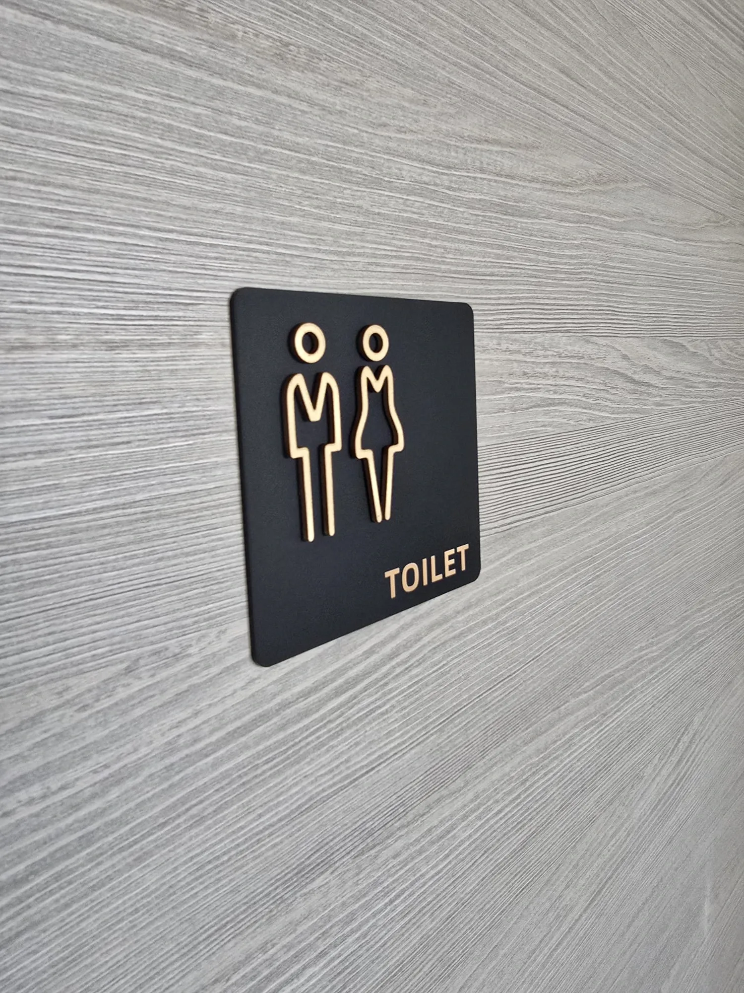 Black square toilet sign with raised gold figures and lettering on a pale timber wall