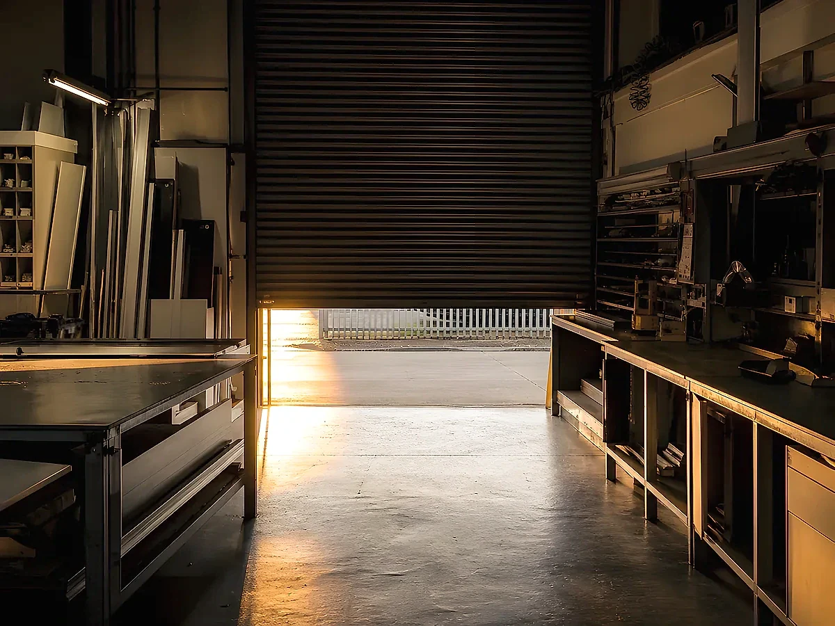 Dark fabrication workshop at the end of the day, its roller shutter half down and low sun falling across the floor