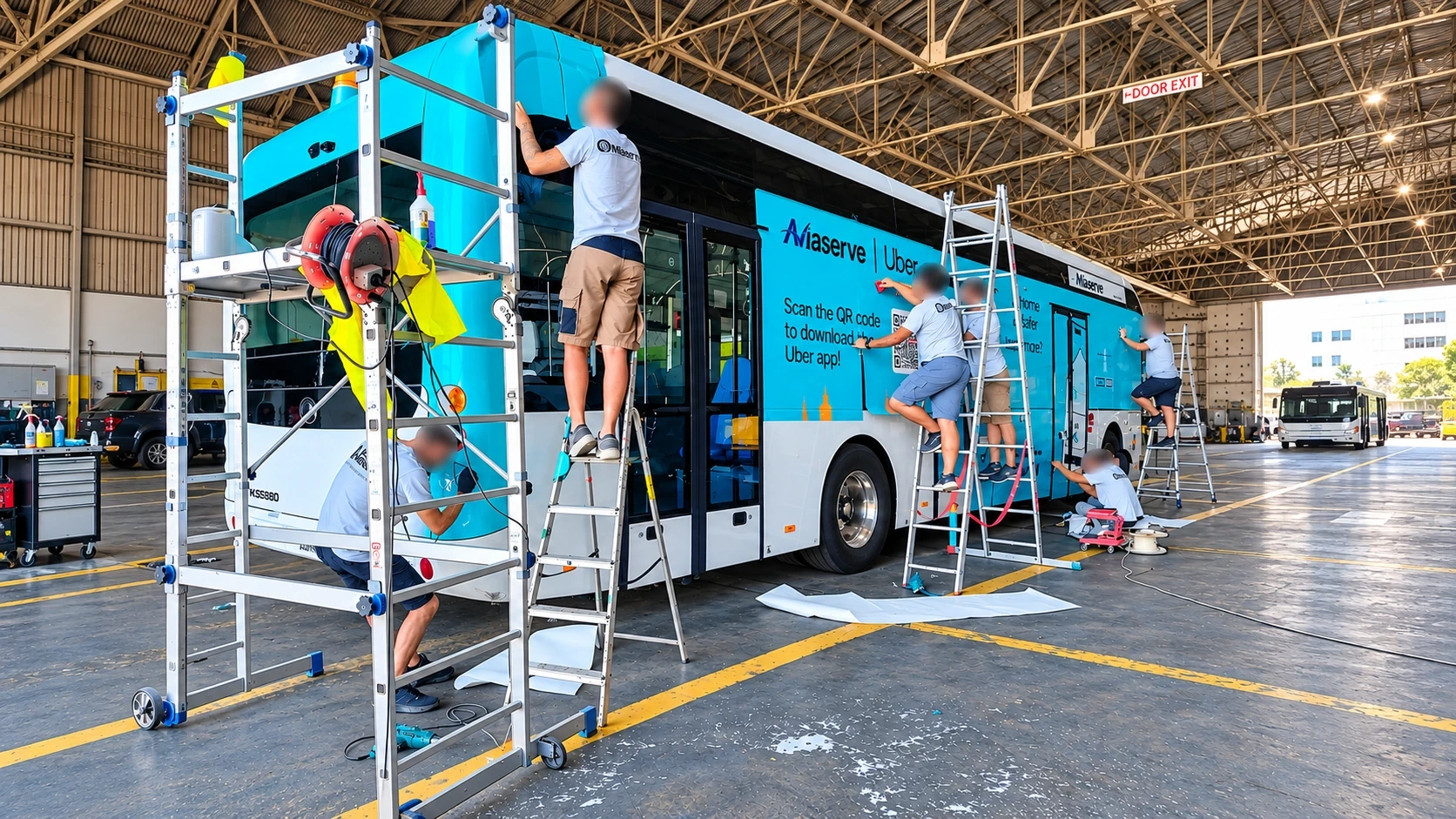 Fitters on ladders applying turquoise printed vinyl to a bus inside a depot